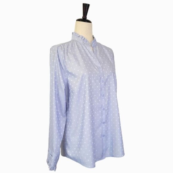 Chico's Blue Dot Ruffle Detail No Iron Long Sleeve Button Down Shirt Size 8/10 - Picture 2 of 8
